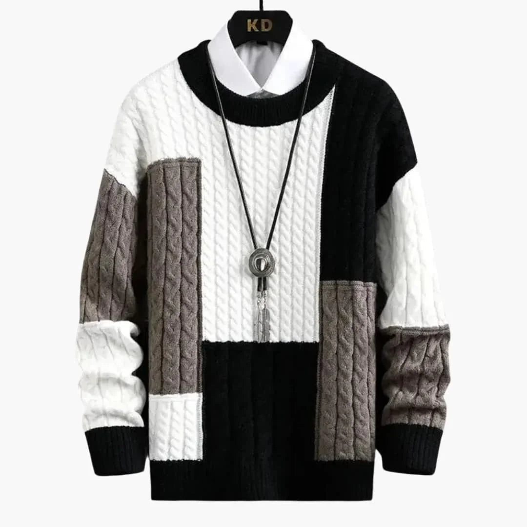Men’s Sweater with Cable Knit and Patchwork Design - Opera New York