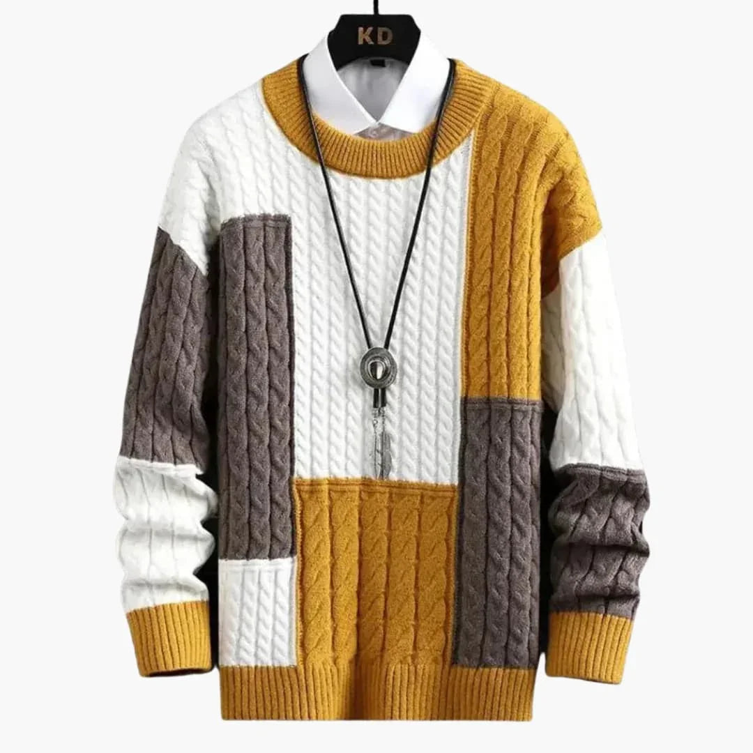Men’s Sweater with Cable Knit and Patchwork Design - Opera New York