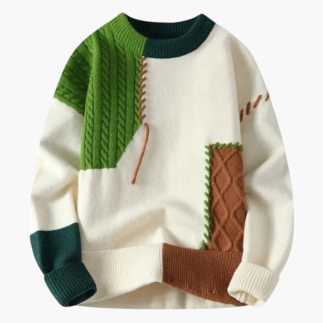Men’s Sweater with Cable Knit and Patchwork Details - Opera New York
