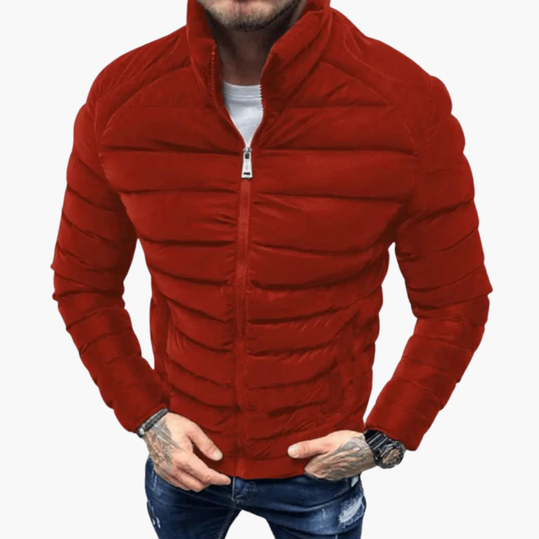 Men’s Puffer Jacket with Stand Collar and Front Zipper