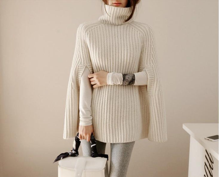 Women's Turtleneck Cape Sweater with Ribbed Knit