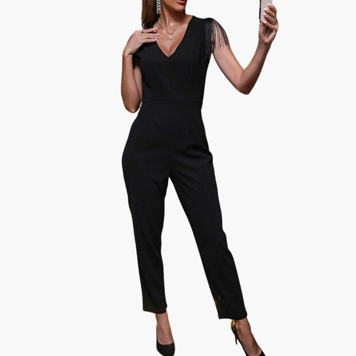 Women’s V-Neck Jumpsuit with Fringe Detail – Sleeveless One - Piece