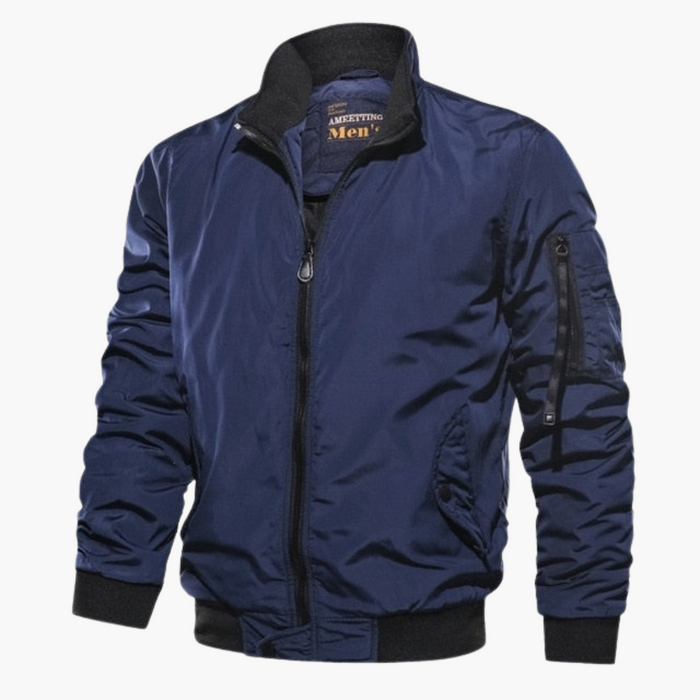 Men's Bomber Jacket with Stand-Up Collar and Front Zipper