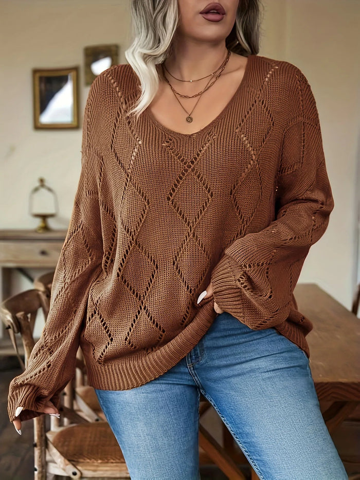 Women's Oversized Open-Knit Pullover Sweater with Diamond Pattern