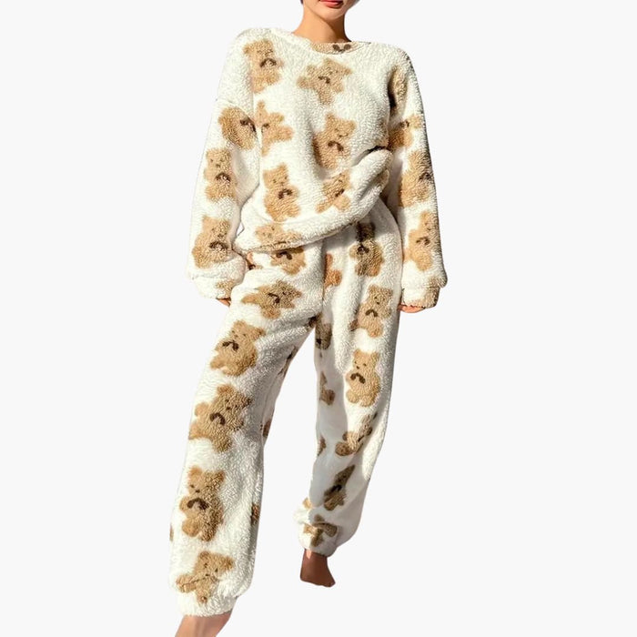 Women's Fleece Pajama Set with Bear Print and Elastic Waistband