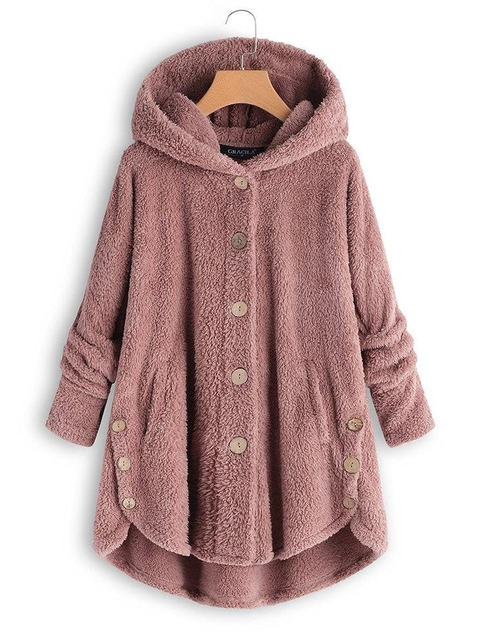 Women's Hooded Teddy Fleece Coat Button-Front Relaxed