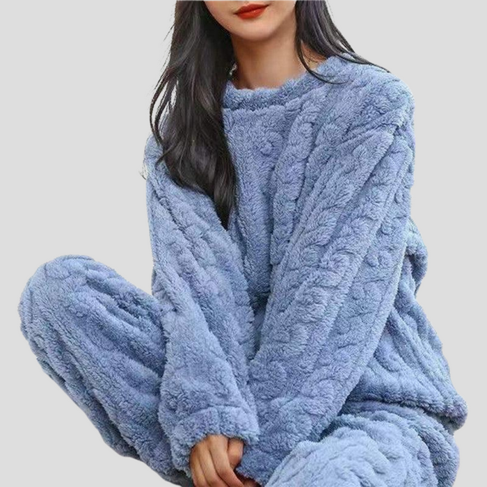 Women's Plush Fleece Pajama Set with Crew Neck Top