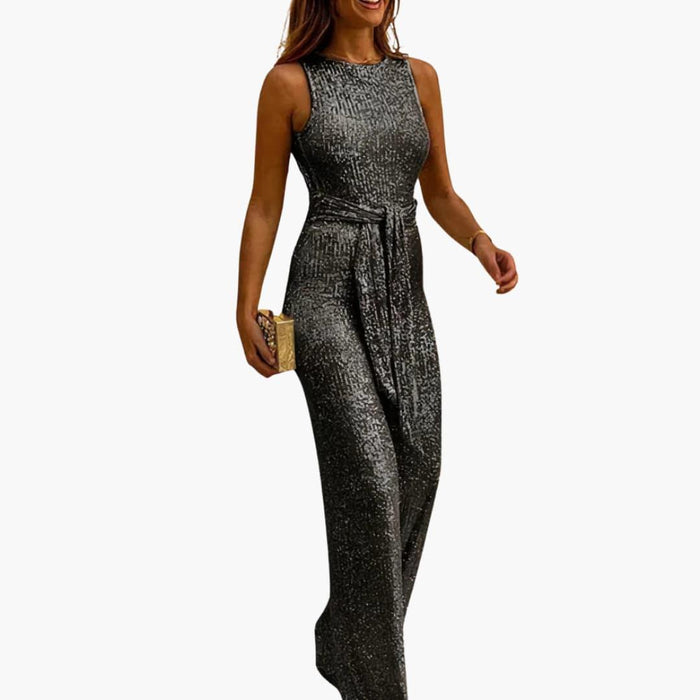 Women Jumpsuit with Tie Belt and Long Legs