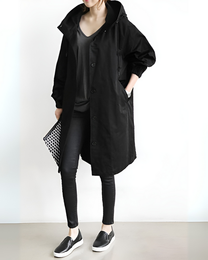 Women's Hooded Button-Front Trench Coat with Loose Fit