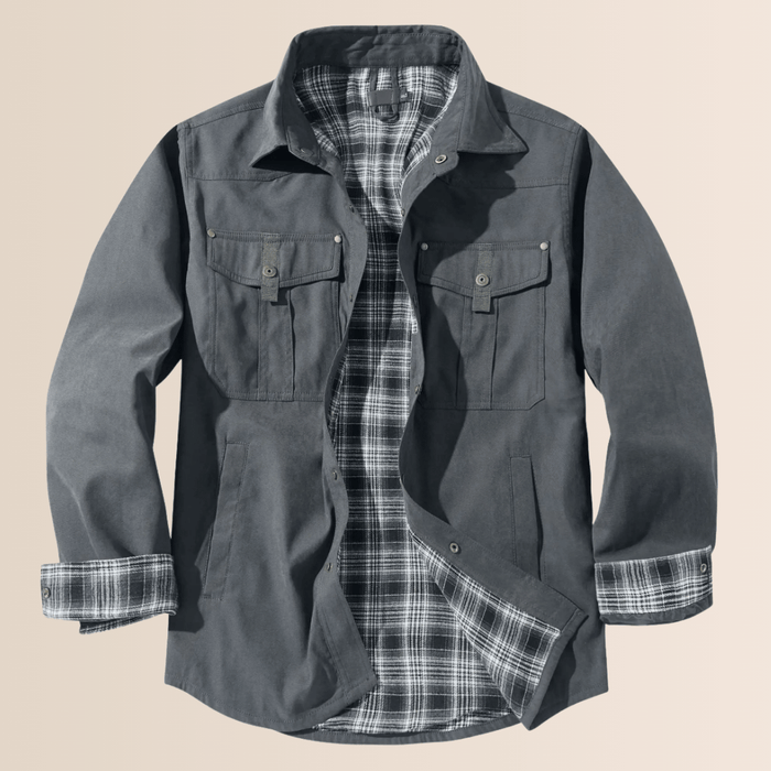 Men's Zip-Up Shirt Jacket with Plaid Lining and Chest Pockets