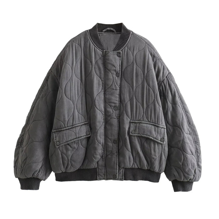 Women's Oversized Quilted Bomber Jacket with Ribbed Cuffs