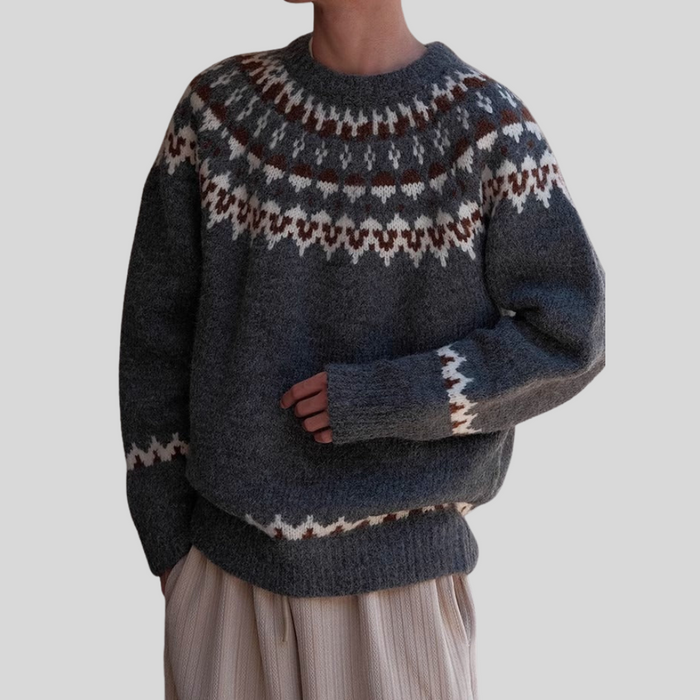 Men's Fair Isle Crew Neck Sweater with Ribbed Trim