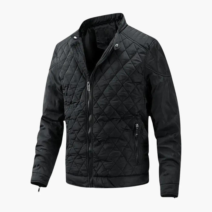 Men's Quilted Biker Jacket with Stand Collar and Zip