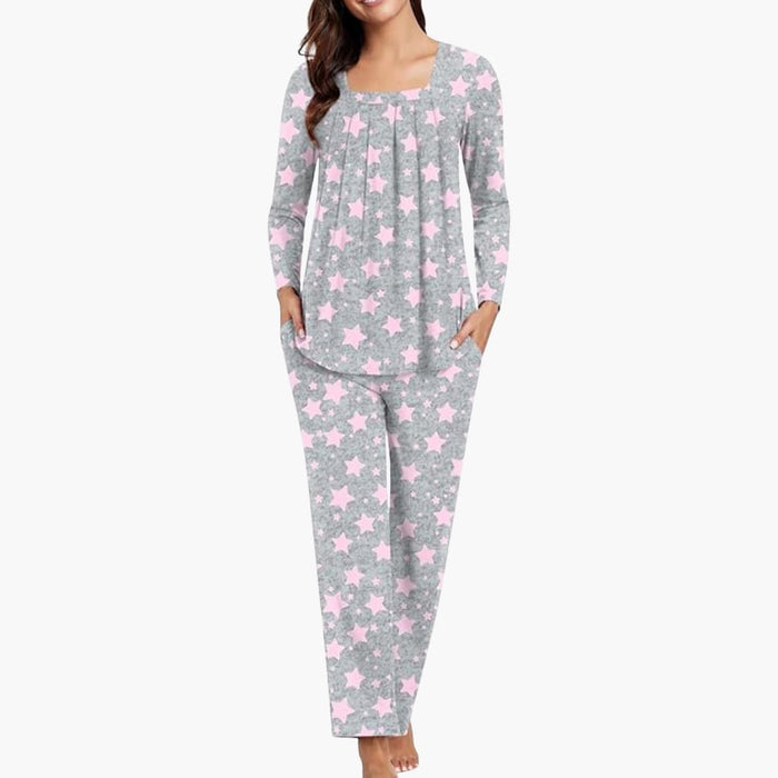 Women's Pajama Set with Long Sleeves and Star Pattern