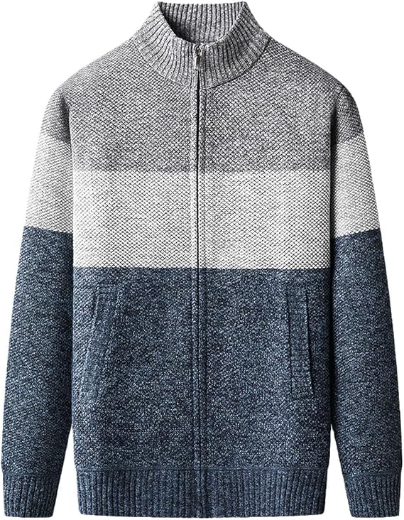Men’s Zip Cardigan with High Collar and Color-Block Design