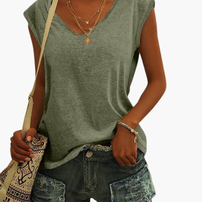Women's V-Neck Top with Cap Sleeves and Stretch Material