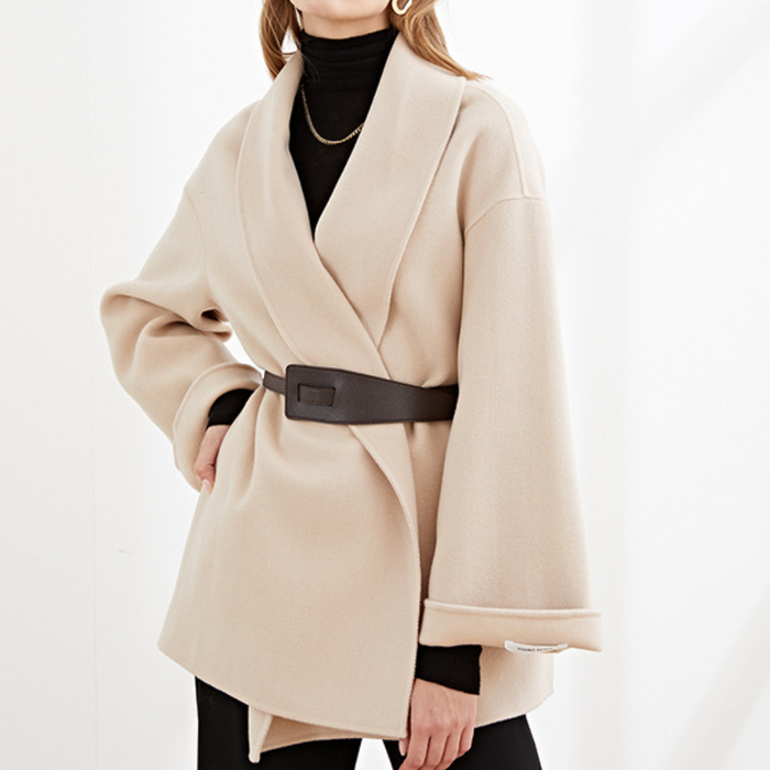Women's Belted Open-Front Blazer Coat with Wide Lapel