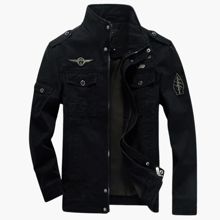 Men's Military Style Jacket with Stand-Up Collar and Flap Pockets