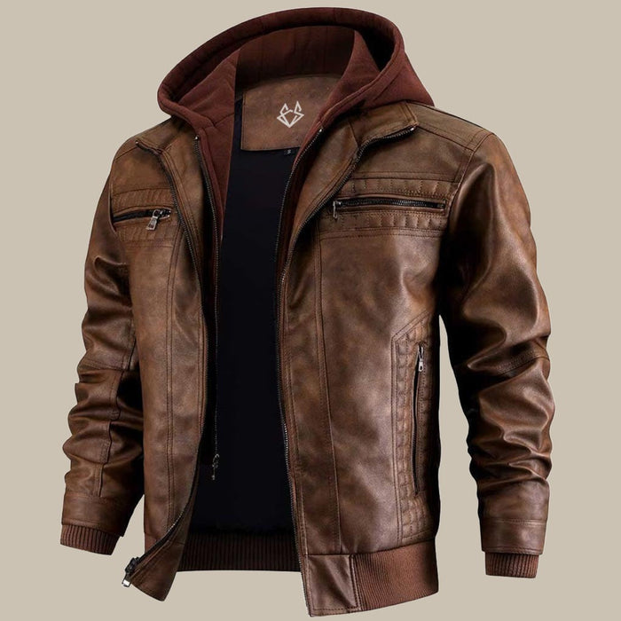 Men's Hooded Leather Jacket with Ribbed Cuffs