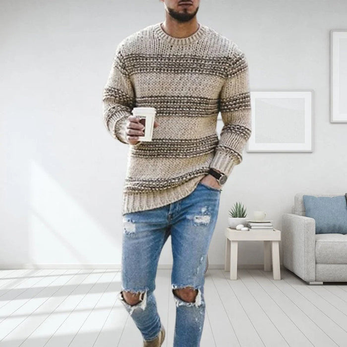Men's Textured Crew Neck Sweater with Stripe Pattern