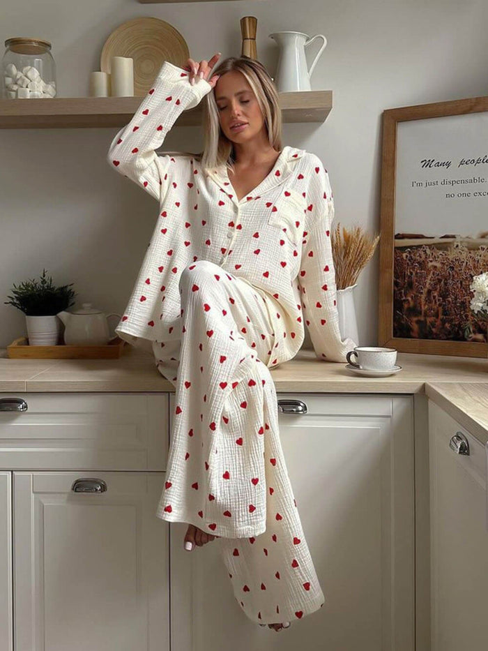 Women's Heart Print Pajama Set Long Sleeve Top and Pants