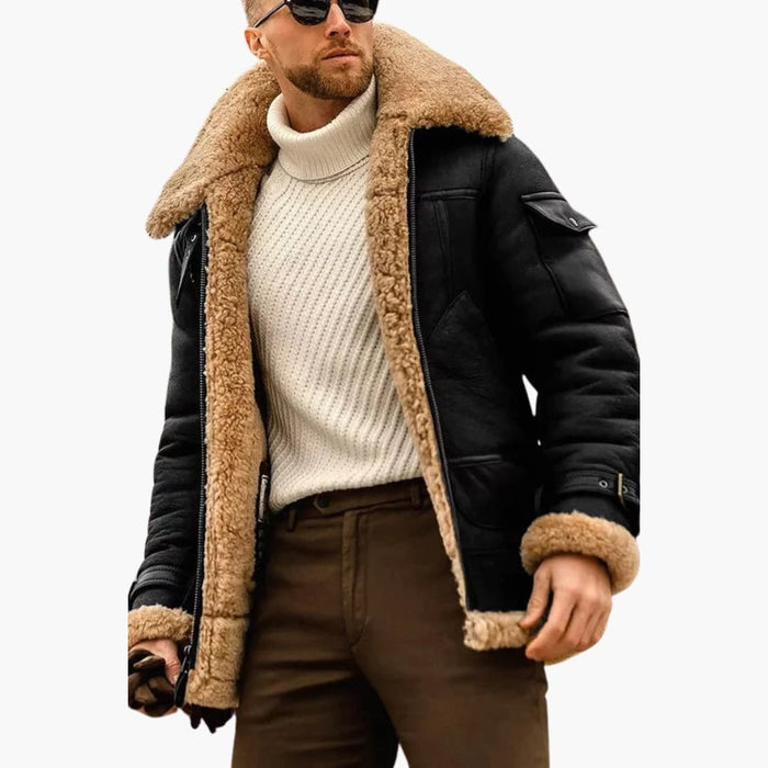 Men's Aviator Jacket with Shearling Collar and Zip Closure