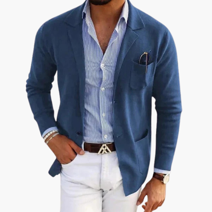 Men's Blazer with Lapel Collar and Multiple Pockets