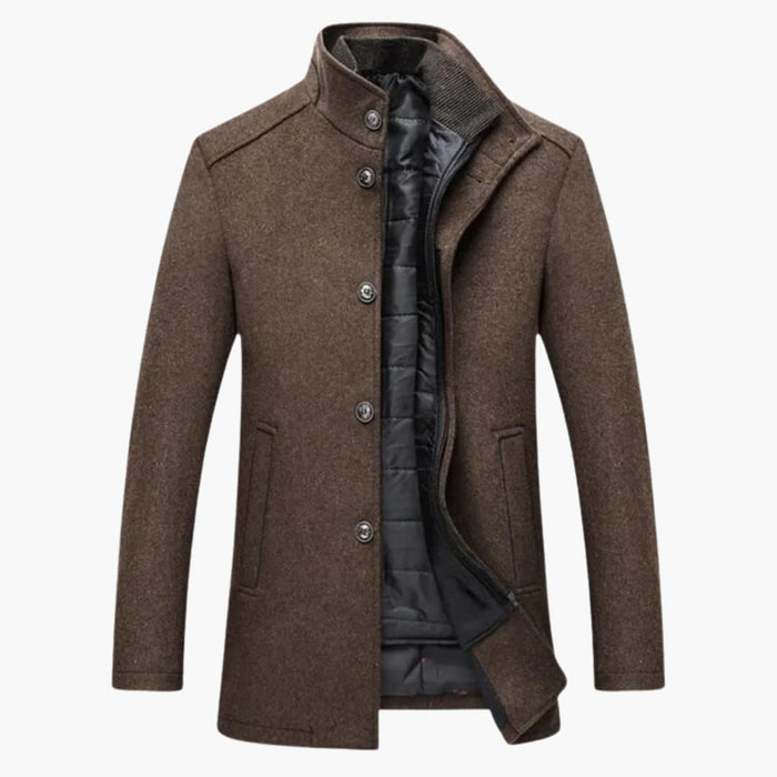 Men’s Button-Front Coat with High Collar and Quilted Lining