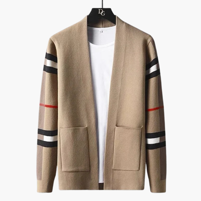 Men’s Cardigan with Striped Sleeves and Front Pockets