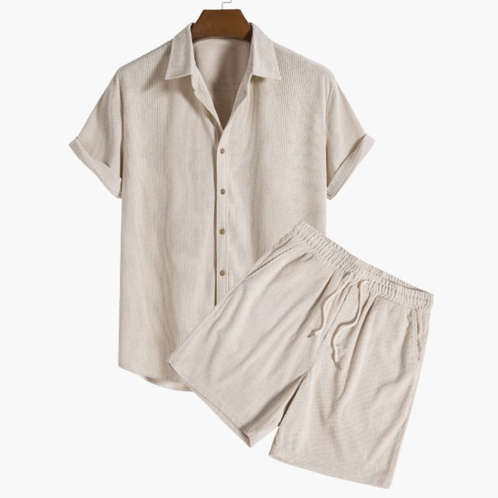 Men’s Corduroy Two-Piece Shorts Set – Short Sleeve Button-Down Shirt and Matching Shorts
