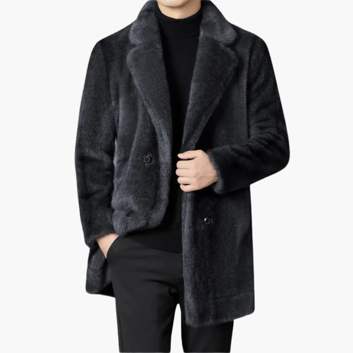 Men’s Faux Fur Coat with Lapel Collar and Button Front