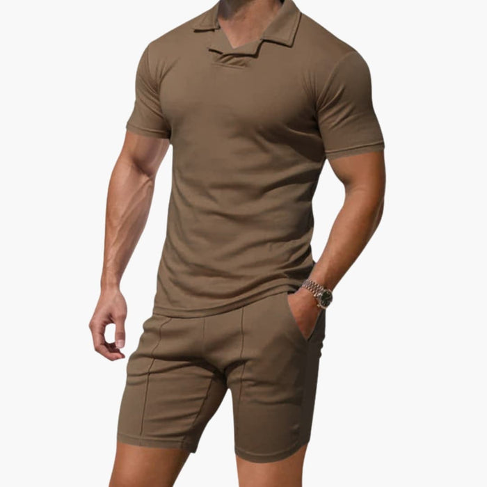 Men's High Collar Pullover Top and Drawstring Waist Shorts Two-Piece Set