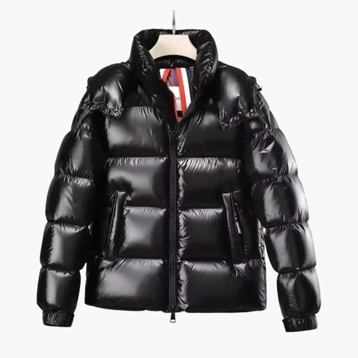 Men’s Hooded Puffer Jacket with Shiny Finish and Zip Fastening