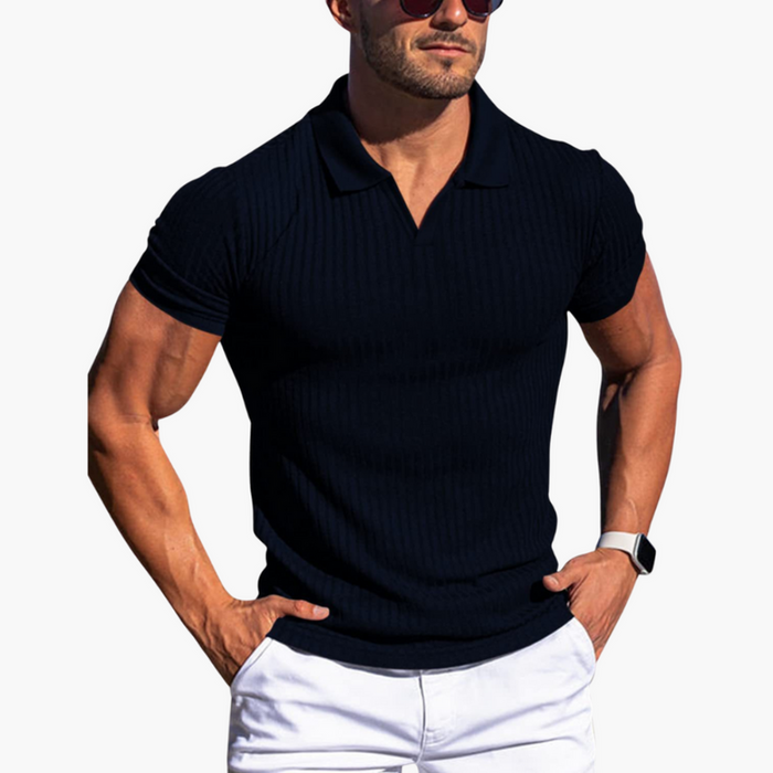 Men’s Ribbed Short Sleeve Polo Shirt with Collar