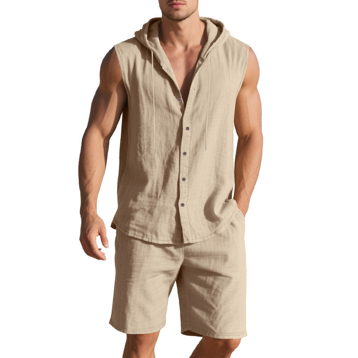 Men’s Sleeveless Hooded Two-Piece Summer Set – Button-Up Top and Drawstring Shorts