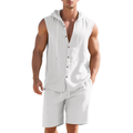 Men’s Sleeveless Hooded Two-Piece Summer Set – Button-Up Top and Drawstring Shorts