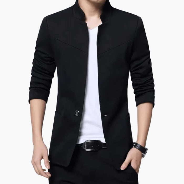 Men’s Stand Collar Blazer with Single Button and Front Pockets