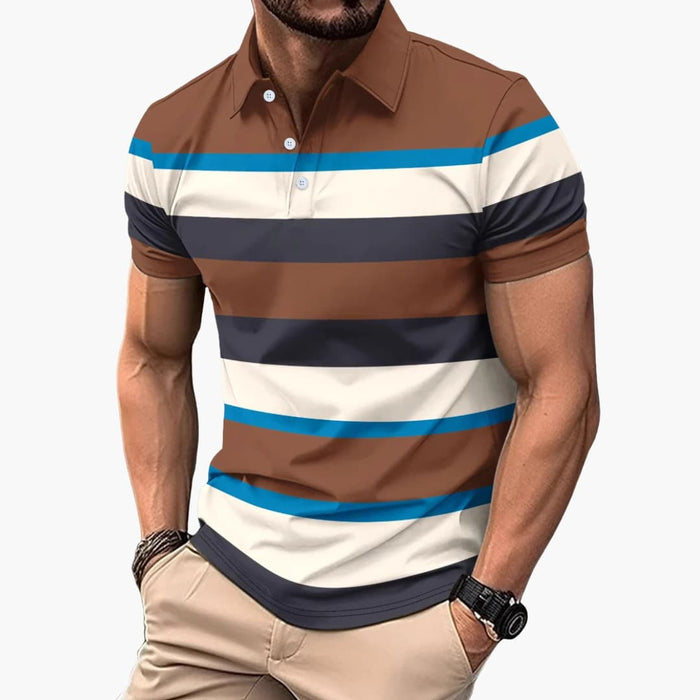 Men’s Striped V-Neck Polo T-Shirt with Button Placket