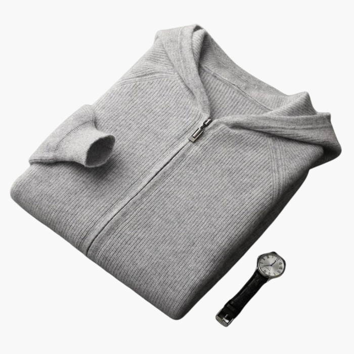 Men’s Zip Hooded Cardigan with Long Sleeves and Ribbed Hem
