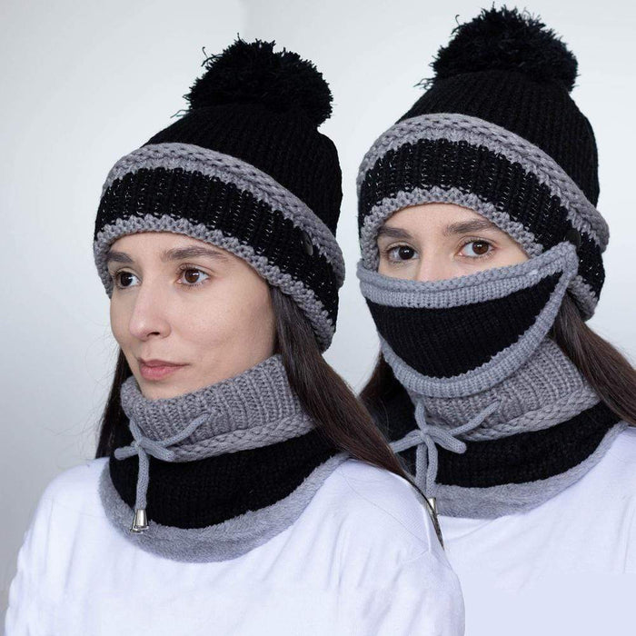 Winter Beanie Scarf Face Mask Set with Pom-Pom