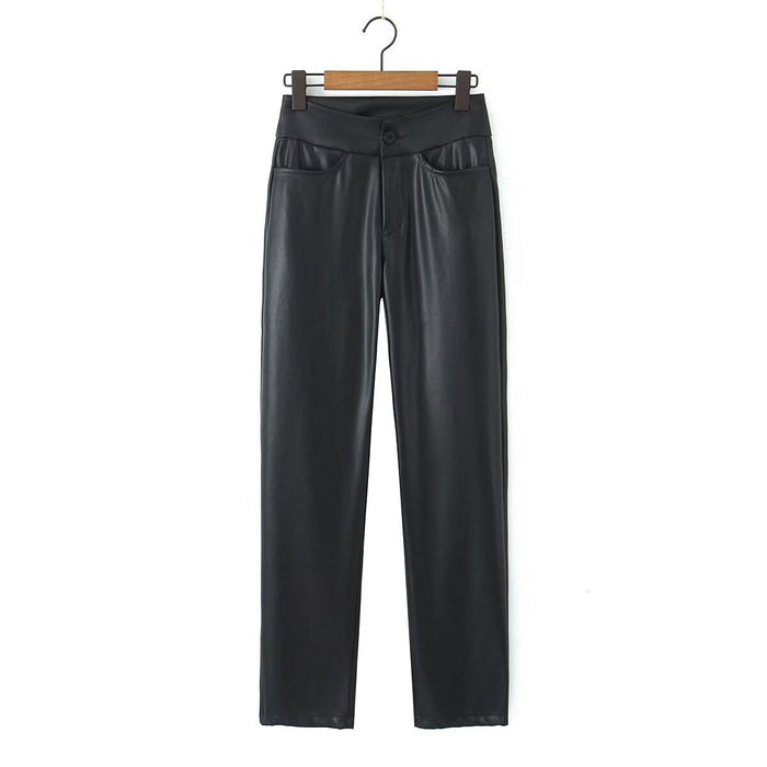 Women's Faux Leather Slim-Fit Pants with Button Detail
