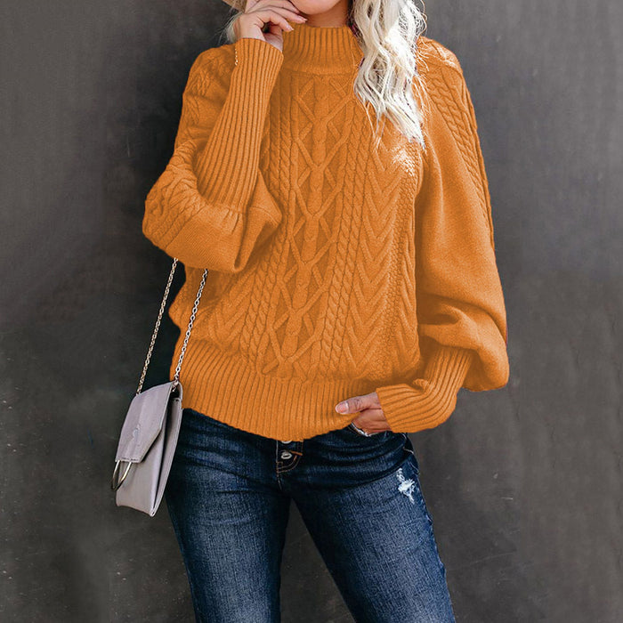 Women's Cable Knit Mock Neck Pullover with Ribbed Cuffs