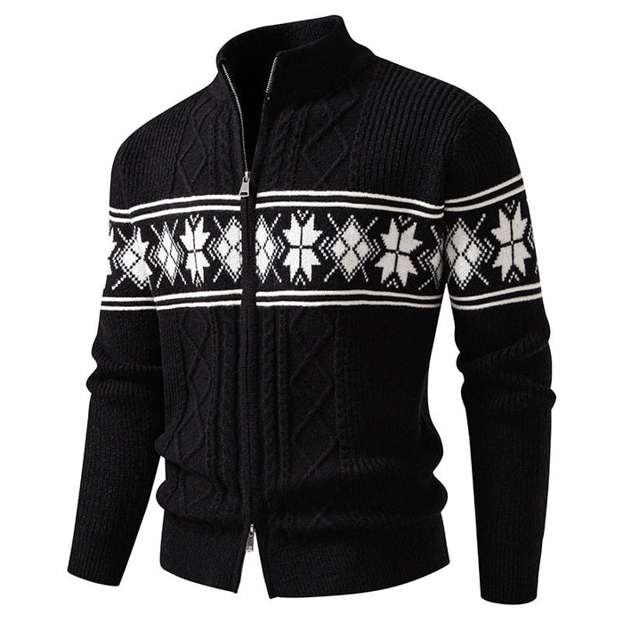 Men's Fair Isle Cable Knit Zip-Up Cardigan Stand Collar
