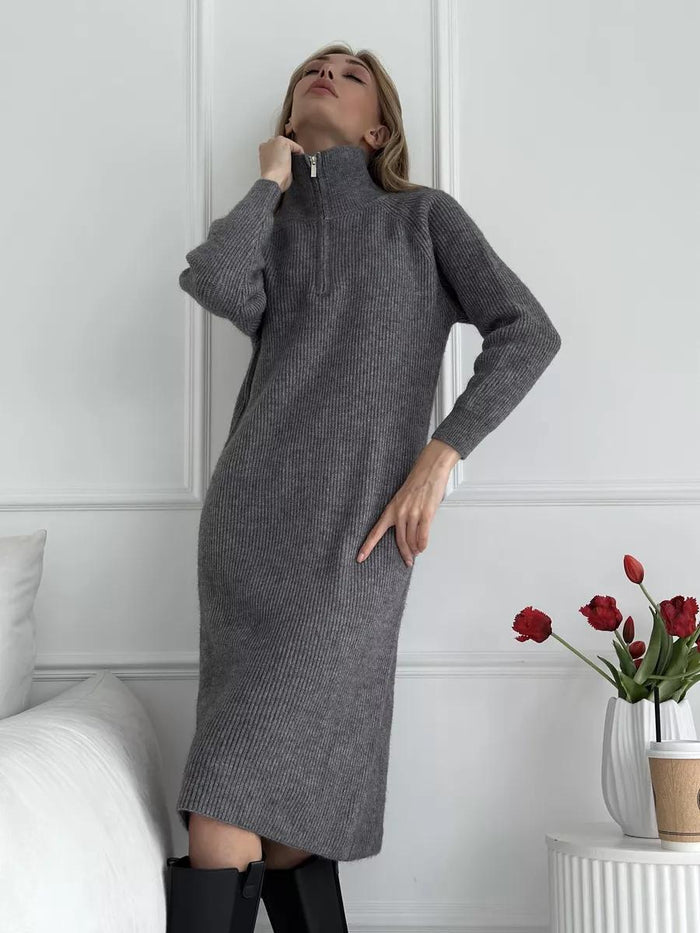 Women's Knit Sweater Dress with Zip Collar