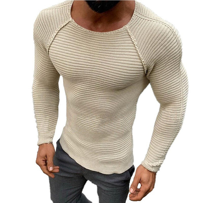 Men's Long Sleeve Ribbed Texture Shirt Round Neck Slim Fit
