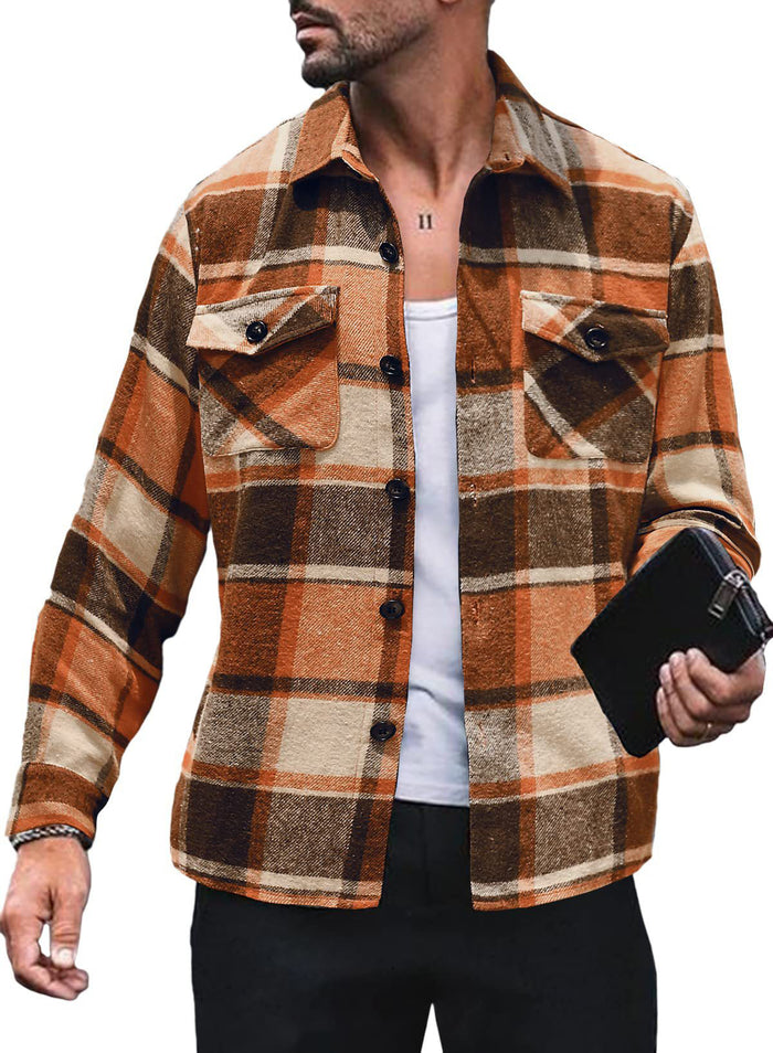 Men's Plaid Flannel Shirt Jacket with Chest Pockets