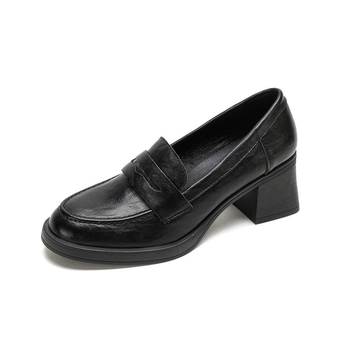Women's Leather Block Heel Loafers Slip-On for Office