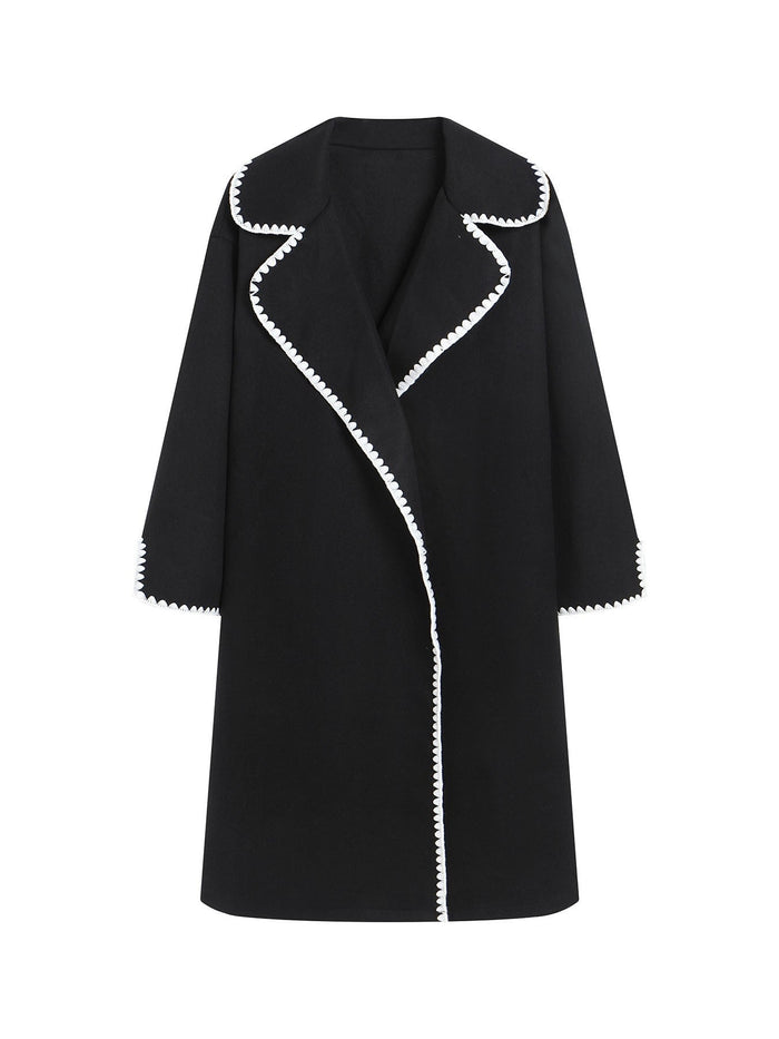 Women's Oversized Wool Coat with Wide Lapels and Trim Detail