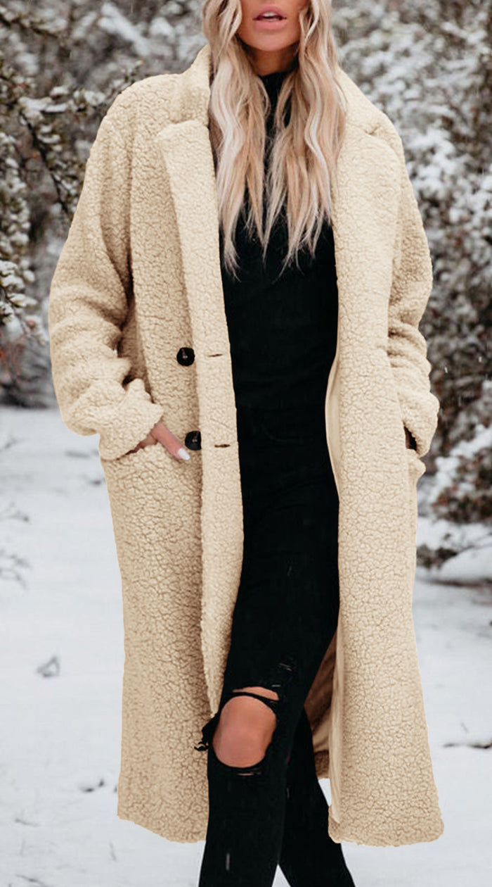 Women's Long Teddy Coat with Button-Front Closure
