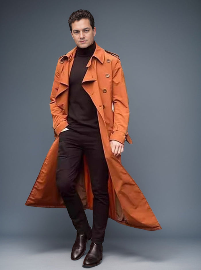 Men's Double-Breasted Long Trench Coat with Belt